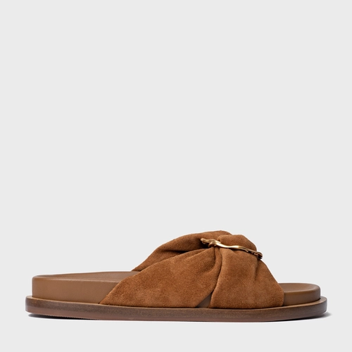 Rasteira Puffy Twist Couro Suede Marrom Saddle