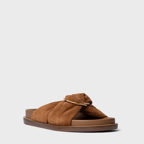 Rasteira Puffy Twist Couro Suede Marrom Saddle