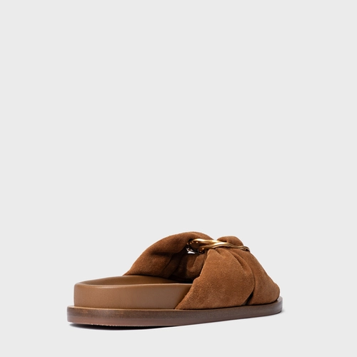 Rasteira Puffy Twist Couro Suede Marrom Saddle