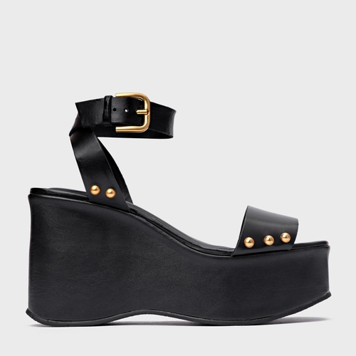 Sandália Statement Studs Maxi Anabela Couro Preto