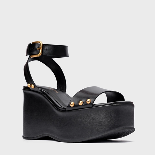 Sandália Statement Studs Maxi Anabela Couro Preto