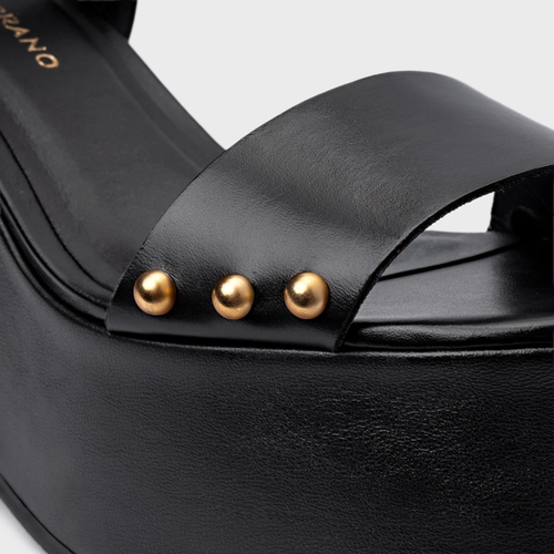 Sandália Statement Studs Maxi Anabela Couro Preto