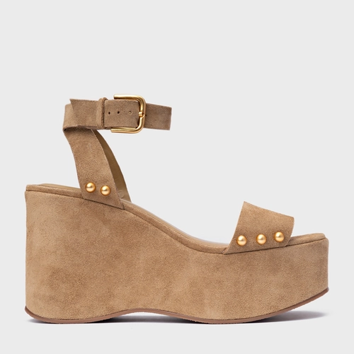 Sandália Statement Studs Maxi Anabela Couro Suede Bege Almond