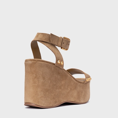 Sandália Statement Studs Maxi Anabela Couro Suede Bege Almond