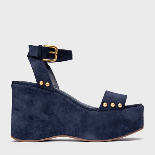 Sandália Statement Studs Maxi Anabela Couro Suede Azul Navy