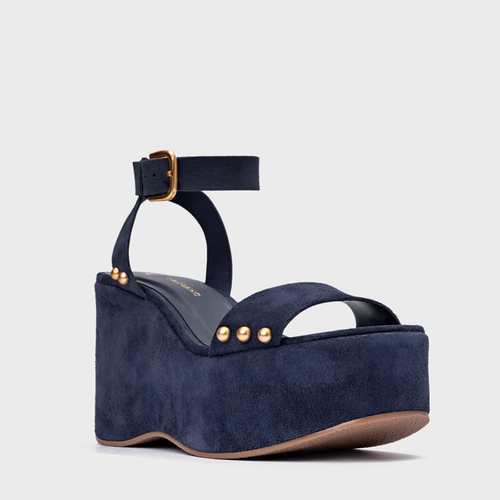 Sandália Statement Studs Maxi Anabela Couro Suede Azul Navy