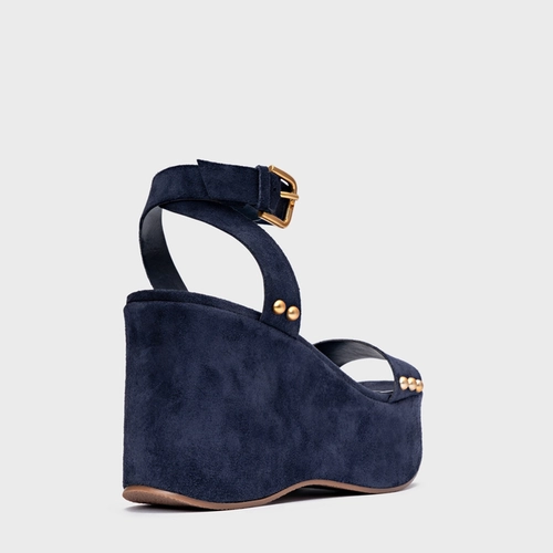 Sandália Statement Studs Maxi Anabela Couro Suede Azul Navy