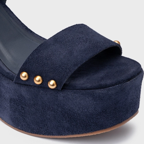Sandália Statement Studs Maxi Anabela Couro Suede Azul Navy