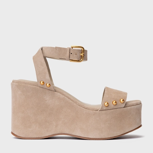 Sandália Statement Studs Maxi Anabela Couro Suede Bege Oatmeal