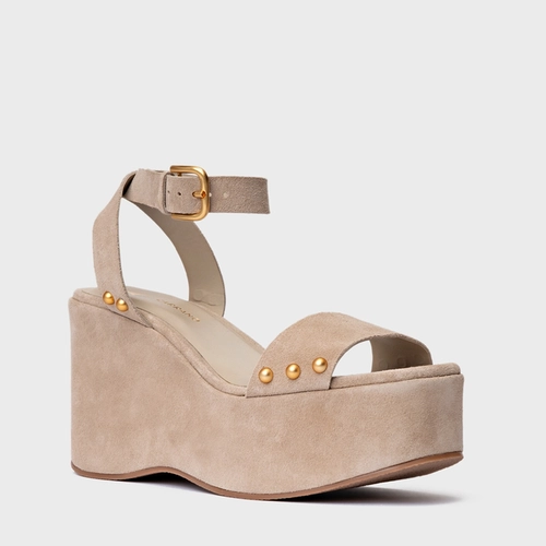 Sandália Statement Studs Maxi Anabela Couro Suede Bege Oatmeal