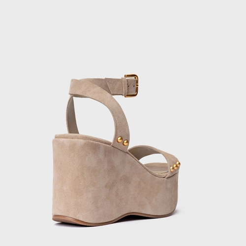 Sandália Statement Studs Maxi Anabela Couro Suede Bege Oatmeal