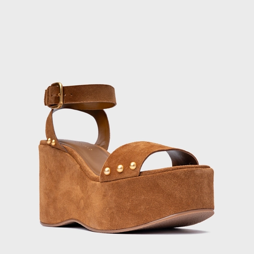 Sandália Statement Studs Maxi Anabela Couro Suede Marrom Saddle