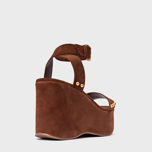 Sandália Statement Studs Maxi Anabela Couro Suede Marrom Walnut