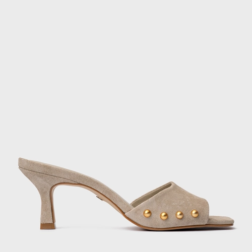 Open Mule Statement Studs Couro Suede Bege Oatmeal