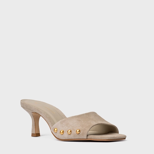 Open Mule Statement Studs Couro Suede Bege Oatmeal