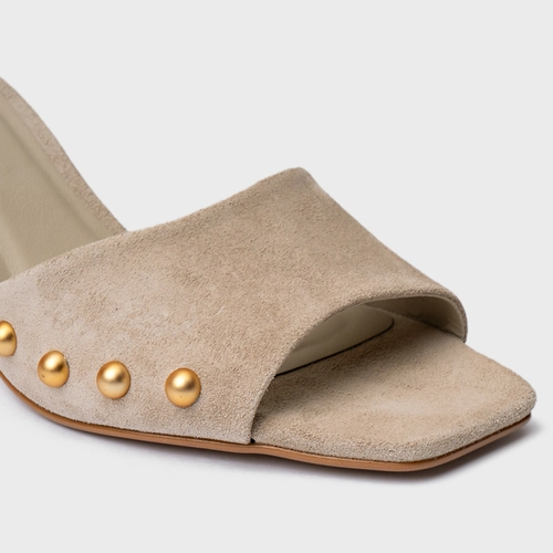 Open Mule Statement Studs Couro Suede Bege Oatmeal