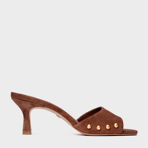 Open Mule Statement Studs Couro Suede Marrom Walnut