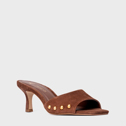 Open Mule Statement Studs Couro Suede Marrom Walnut