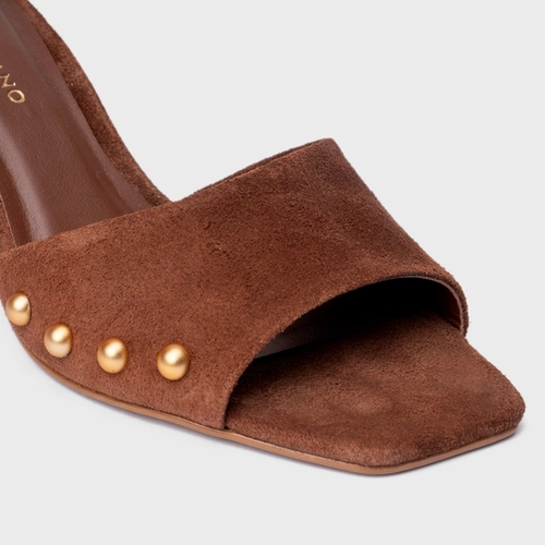 Open Mule Statement Studs Couro Suede Marrom Walnut