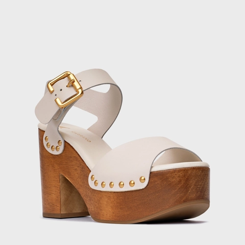 Sandália Plataforma Wood Studs Couro Off White Vanilla