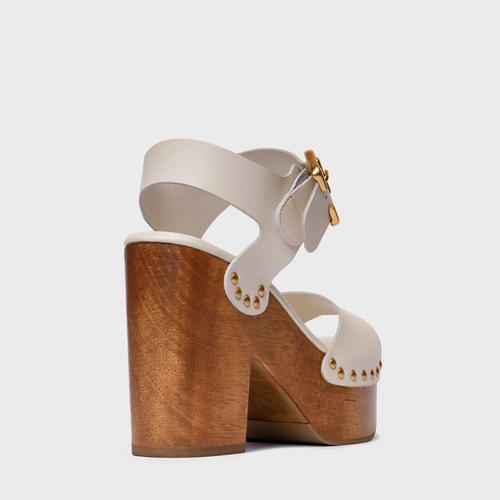 Sandália Plataforma Wood Studs Couro Off White Vanilla