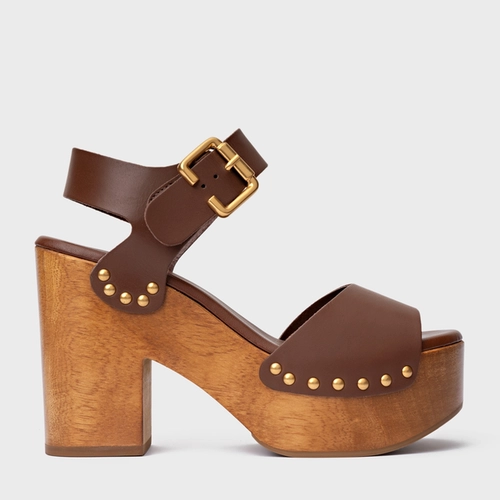 Sandália Plataforma Wood Studs Couro Marrom Walnut