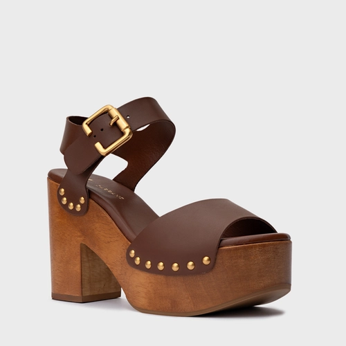 Sandália Plataforma Wood Studs Couro Marrom Walnut