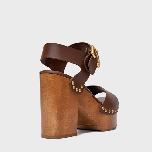 Sandália Plataforma Wood Studs Couro Marrom Walnut