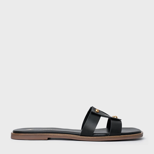 Rasteira Statement Studs Couro Preto
