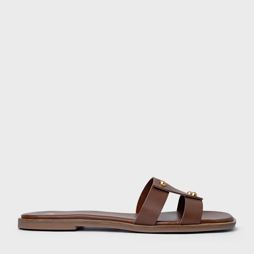 Rasteira Statement Studs Couro Marrom Walnut