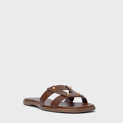 Rasteira Statement Studs Couro Marrom Walnut