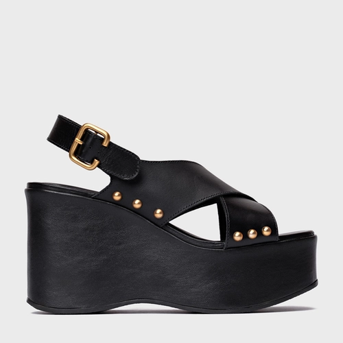Sandália Tiras Statement Studs Maxi Anabela Couro Preto