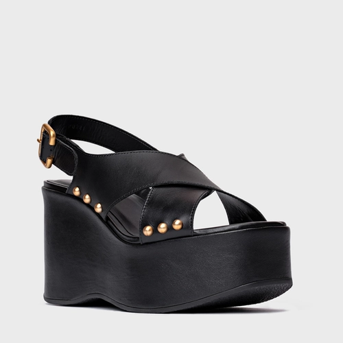Sandália Tiras Statement Studs Maxi Anabela Couro Preto