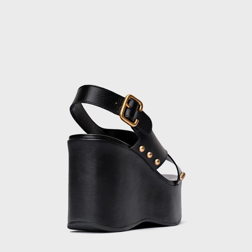 Sandália Tiras Statement Studs Maxi Anabela Couro Preto