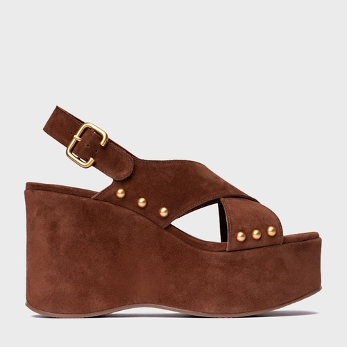 Sandália Tiras Statement Studs Maxi Anabela Couro Suede Marrom Walnut