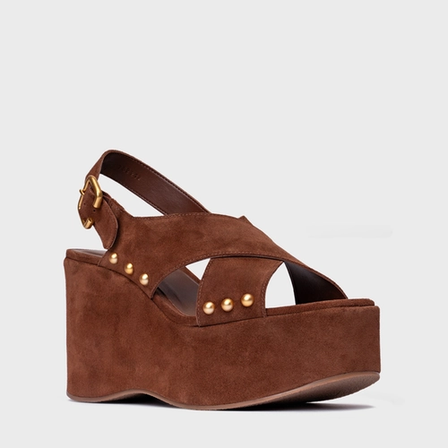 Sandália Tiras Statement Studs Maxi Anabela Couro Suede Marrom Walnut