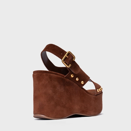 Sandália Tiras Statement Studs Maxi Anabela Couro Suede Marrom Walnut
