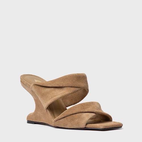 Open Mule Twist Anabela Curve Couro Suede Bege Almond