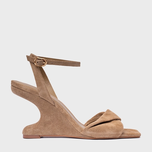 Sandália Twist Anabela Curve Couro Suede Bege Almond