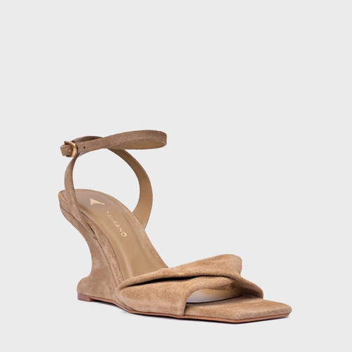 Sandália Twist Anabela Curve Couro Suede Bege Almond