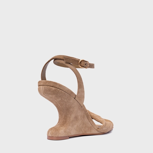 Sandália Twist Anabela Curve Couro Suede Bege Almond