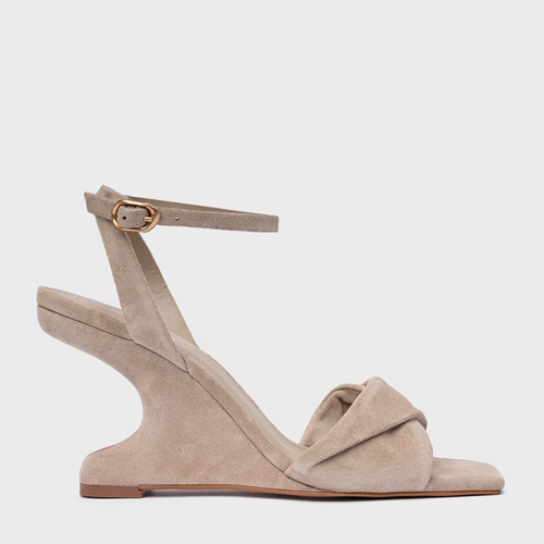 Sandália Twist Anabela Curve Couro Suede Bege Oatmeal