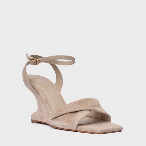 Sandália Twist Anabela Curve Couro Suede Bege Oatmeal