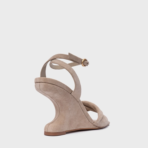 Sandália Twist Anabela Curve Couro Suede Bege Oatmeal