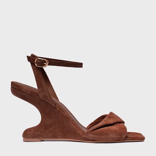 Sandália Twist Anabela Curve Couro Suede Marrom Walnut
