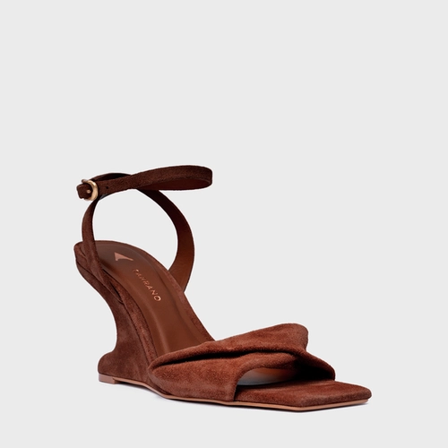 Sandália Twist Anabela Curve Couro Suede Marrom Walnut