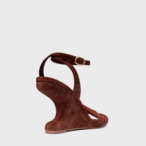 Sandália Twist Anabela Curve Couro Suede Marrom Walnut