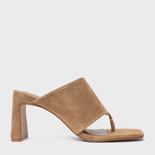 Open Mule Maxi Thong Salto Uno Couro Suede Bege Almond