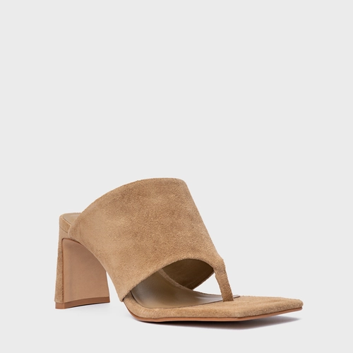 Open Mule Maxi Thong Salto Uno Couro Suede Bege Almond