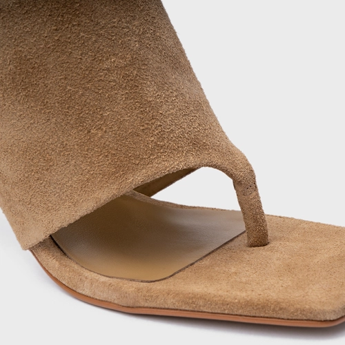Open Mule Maxi Thong Salto Uno Couro Suede Bege Almond